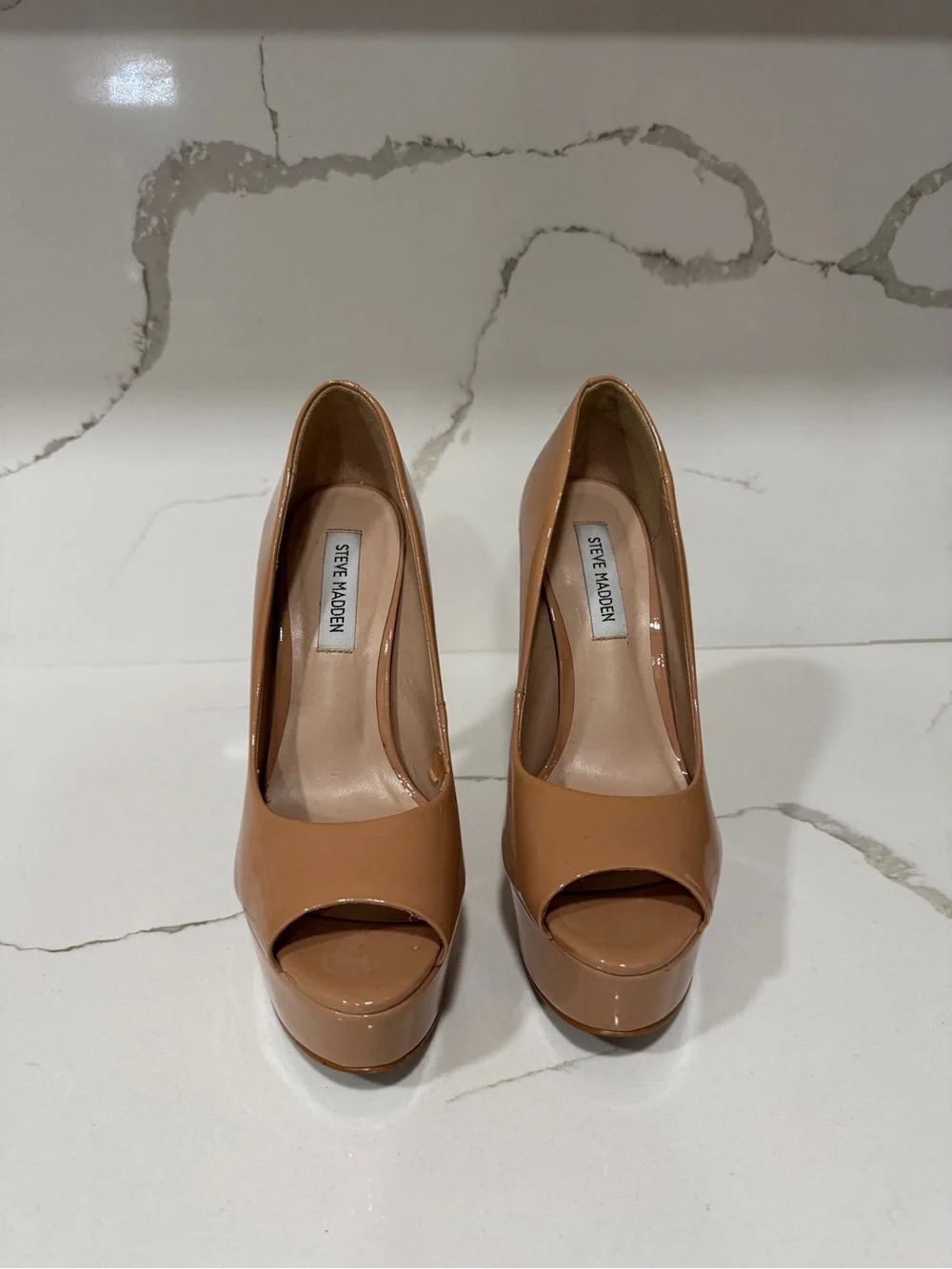 Steve Madden Patent Platform Peep-Toe High Heel in Nude